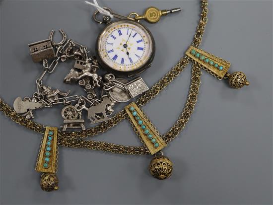 A ladys silver open face fob watch, a silver charm bracelet and an Eastern plated turquoise-set necklace